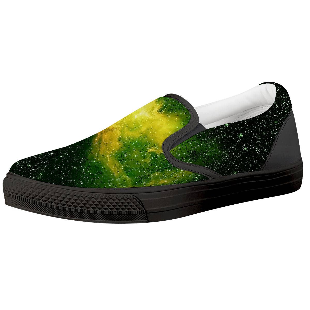 Galaxy Sparkle Green Print Black Slip On Shoes-grizzshop