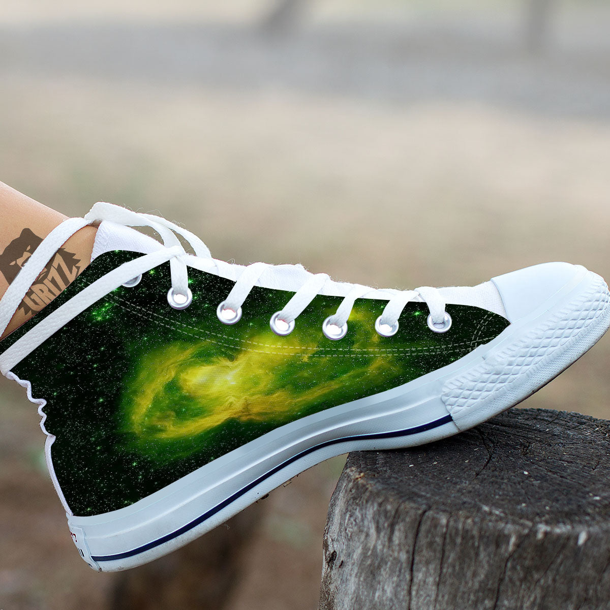Galaxy Sparkle Green Print White High Top Shoes-grizzshop