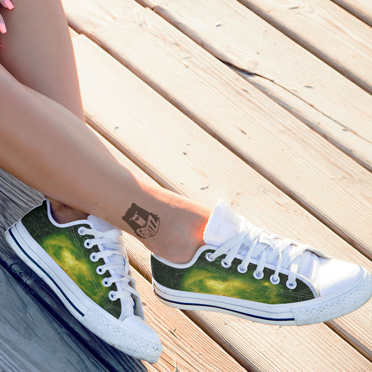 Galaxy Sparkle Green Print White Low Top Shoes-grizzshop