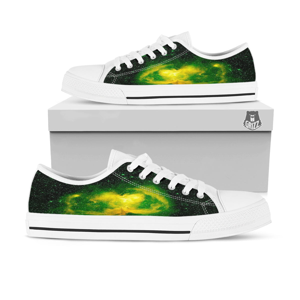 Galaxy Sparkle Green Print White Low Top Shoes-grizzshop