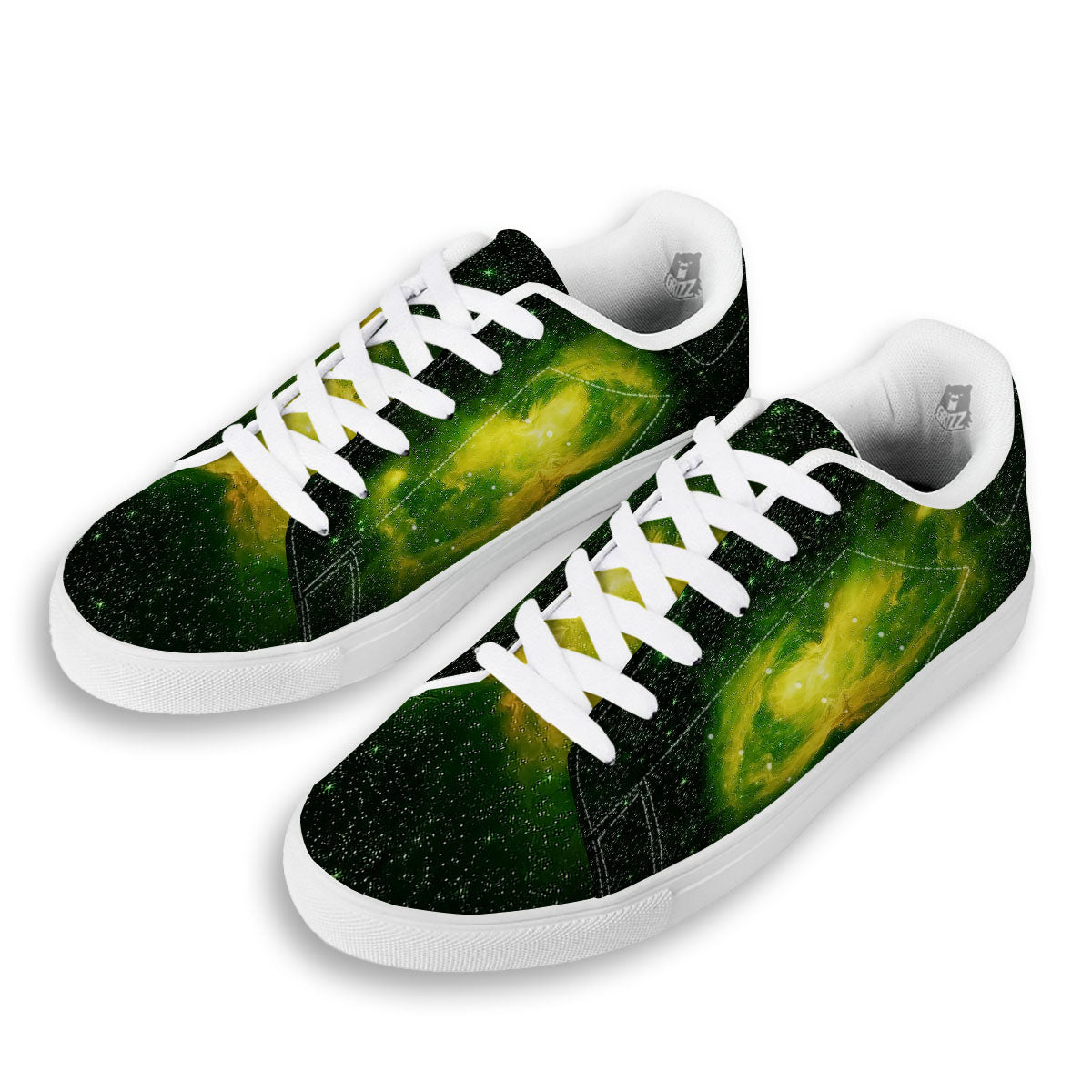 Galaxy Sparkle Green Print White Low Top Sneakers-grizzshop