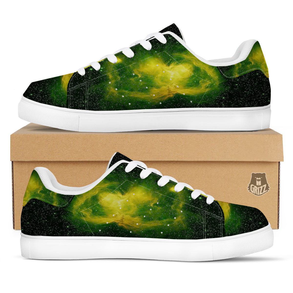 Galaxy Sparkle Green Print White Low Top Sneakers-grizzshop
