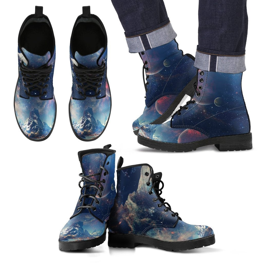Galaxy Space Earth Print Men Women Leather Boots-grizzshop