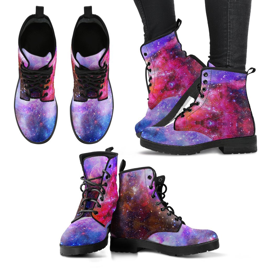 Galaxy Space Purple Stardust Print Men Women Leather Boots-grizzshop