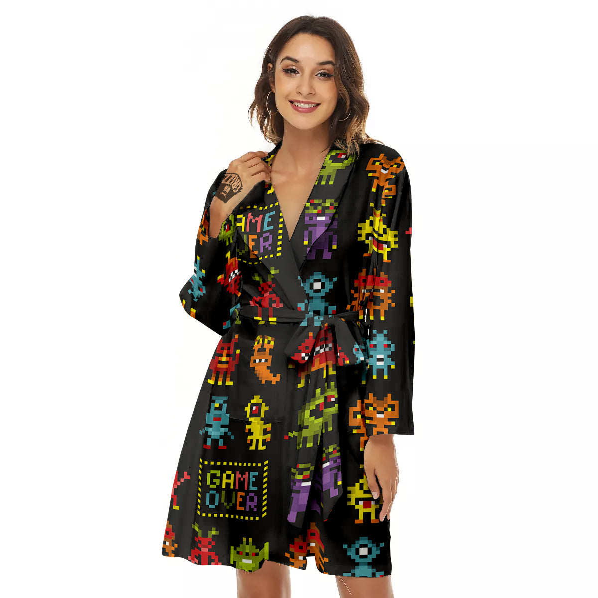 Game Monsters 8-Bit Video Print Pattern Women's Robe-grizzshop