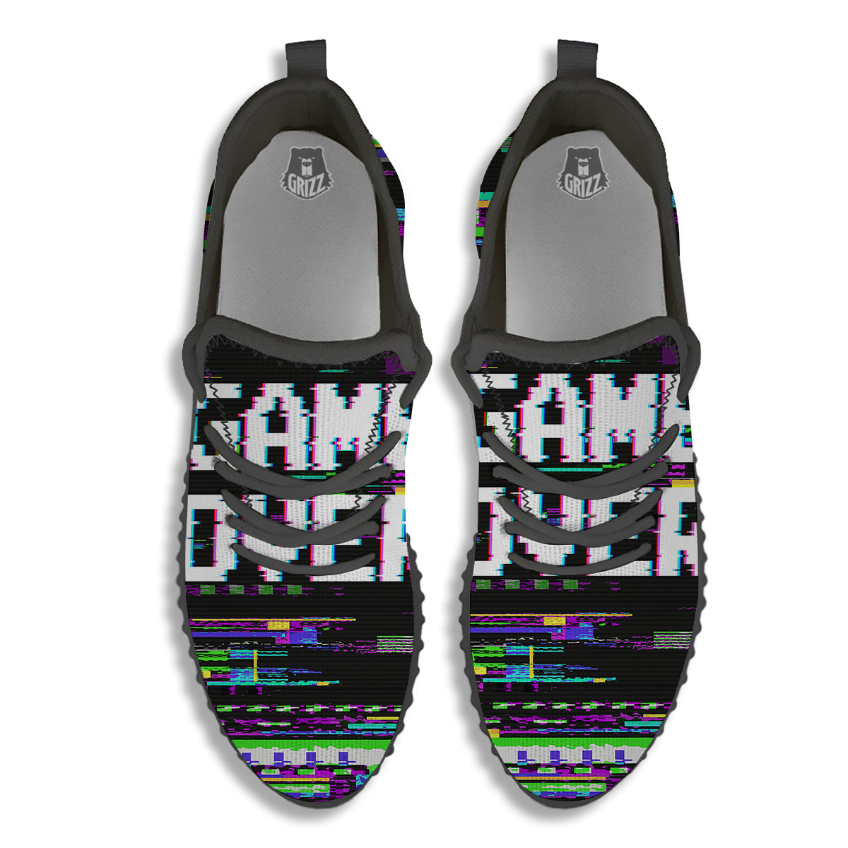 Game Over Text Glitch Effect Print Black Walking Shoes-grizzshop