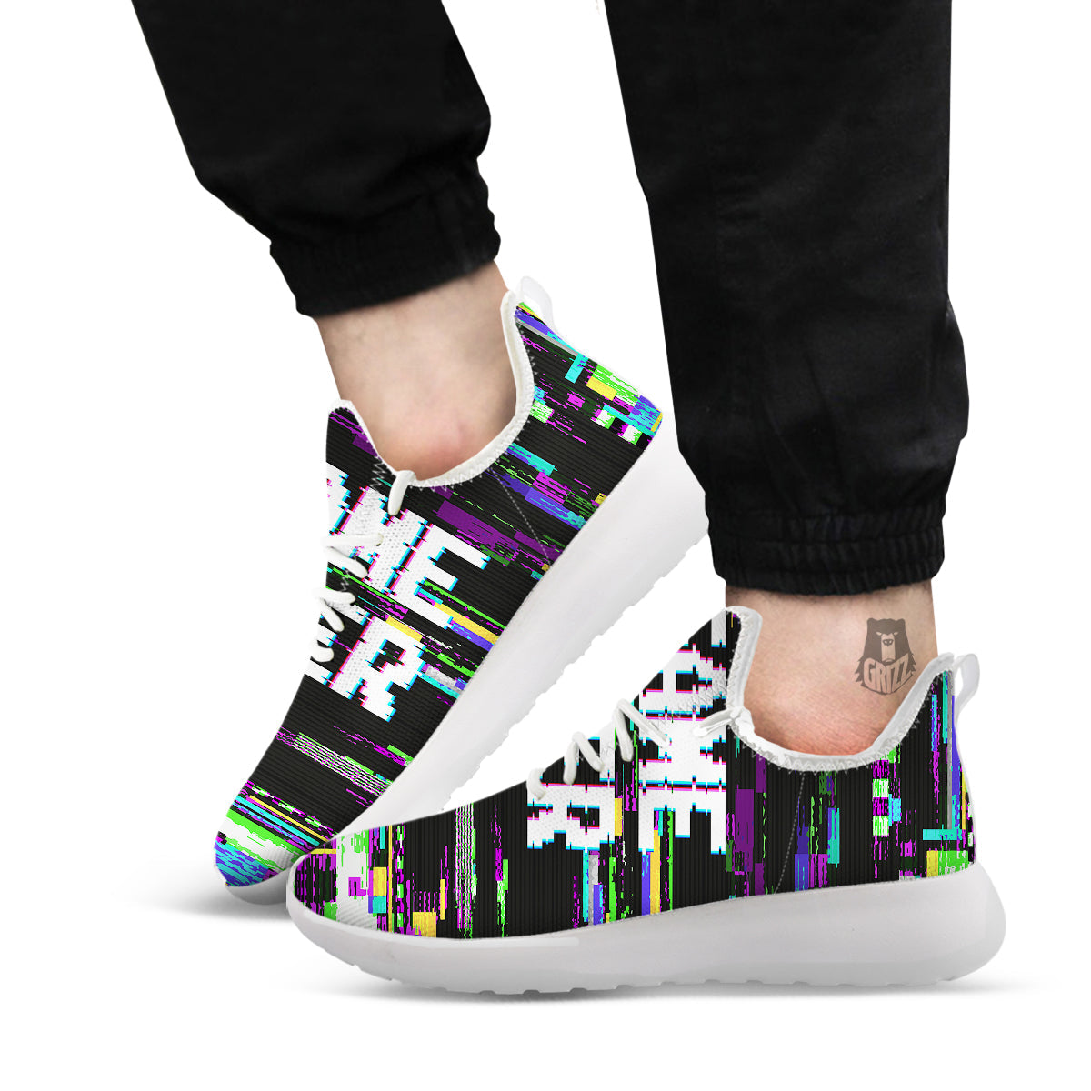 Game Over Text Glitch Effect Print White Athletic Shoes-grizzshop