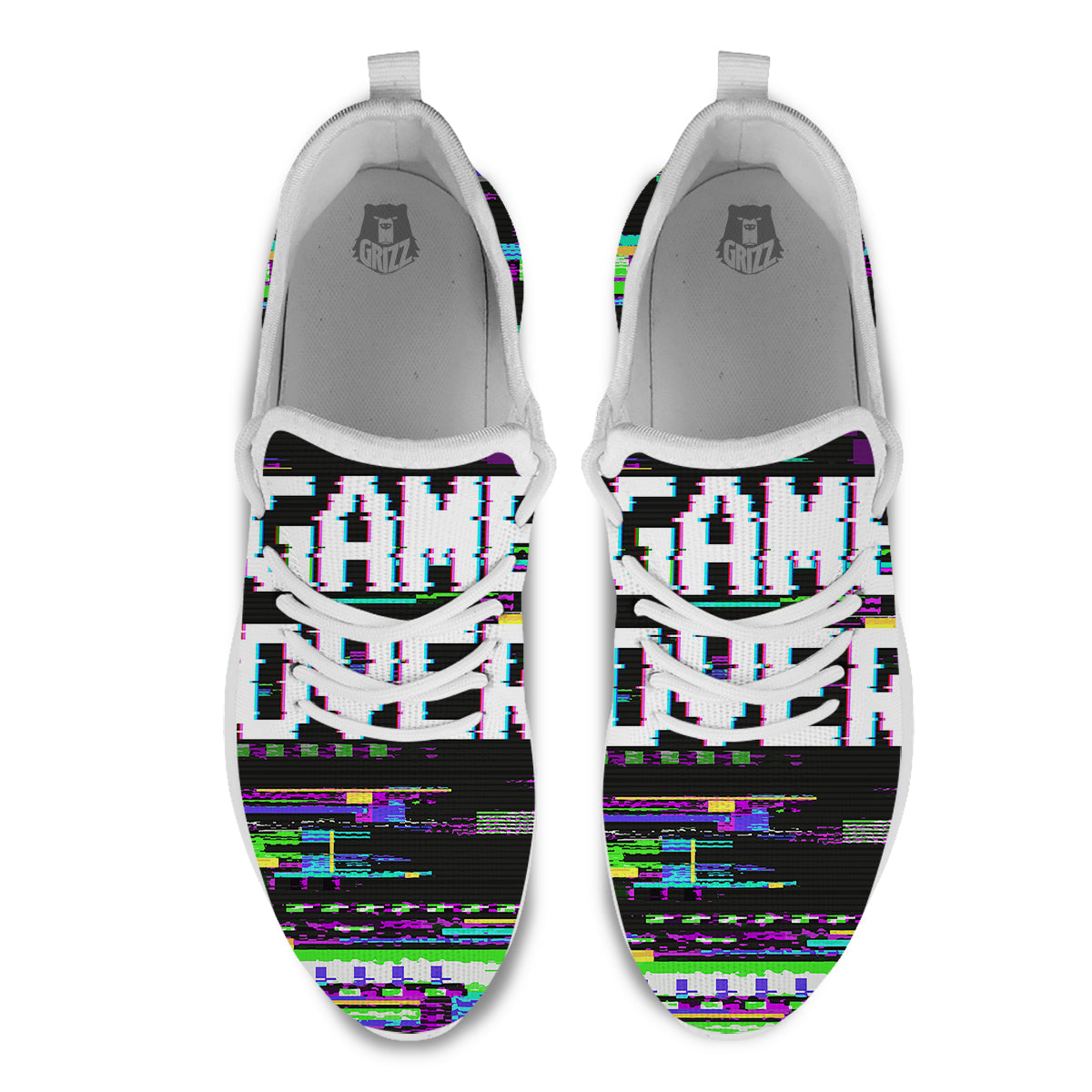 Game Over Text Glitch Effect Print White Athletic Shoes-grizzshop