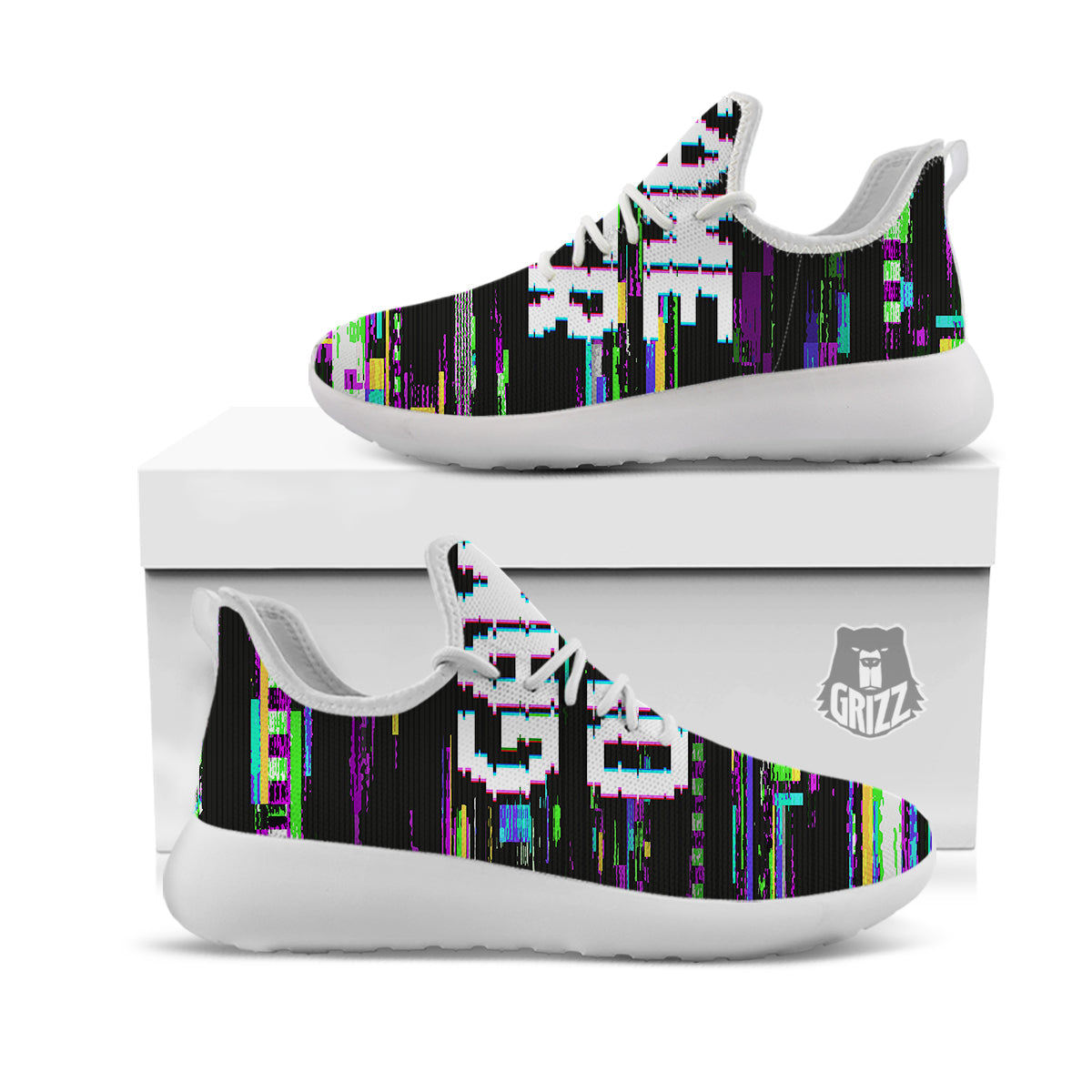 Game Over Text Glitch Effect Print White Athletic Shoes-grizzshop