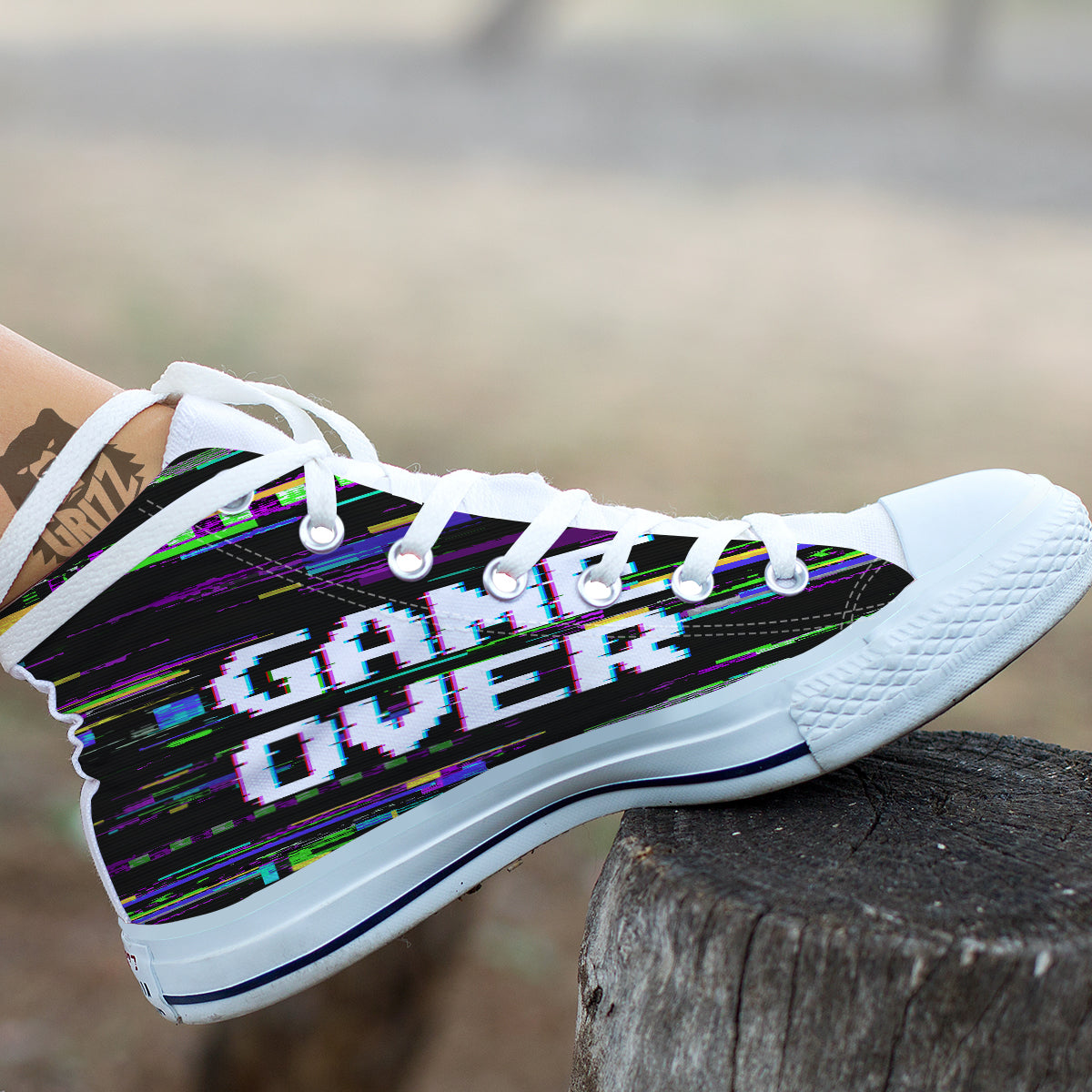 Game Over Text Glitch Effect Print White High Top Shoes-grizzshop