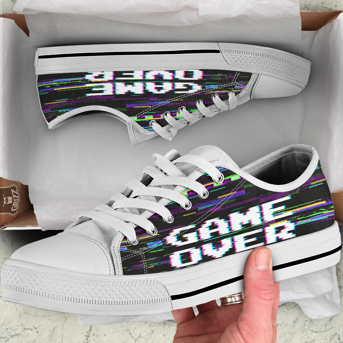Game Over Text Glitch Effect Print White Low Top Shoes-grizzshop