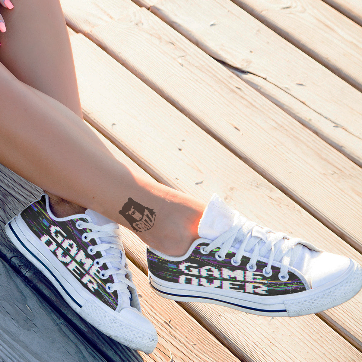 Game Over Text Glitch Effect Print White Low Top Shoes-grizzshop