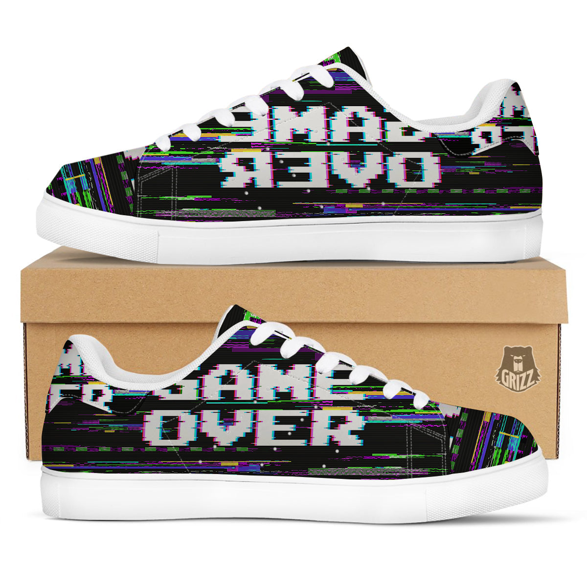 Game Over Text Glitch Effect Print White Low Top Sneakers-grizzshop
