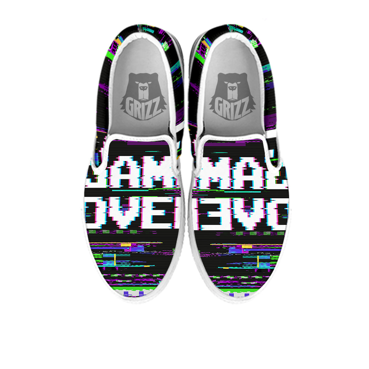 Game Over Text Glitch Effect Print White Slip On Shoes-grizzshop