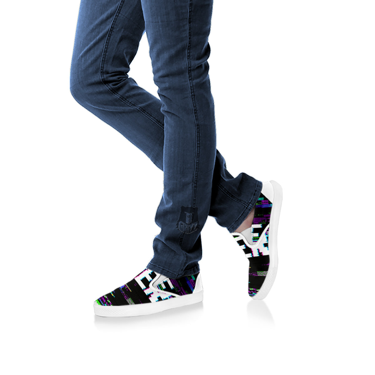 Game Over Text Glitch Effect Print White Slip On Shoes-grizzshop