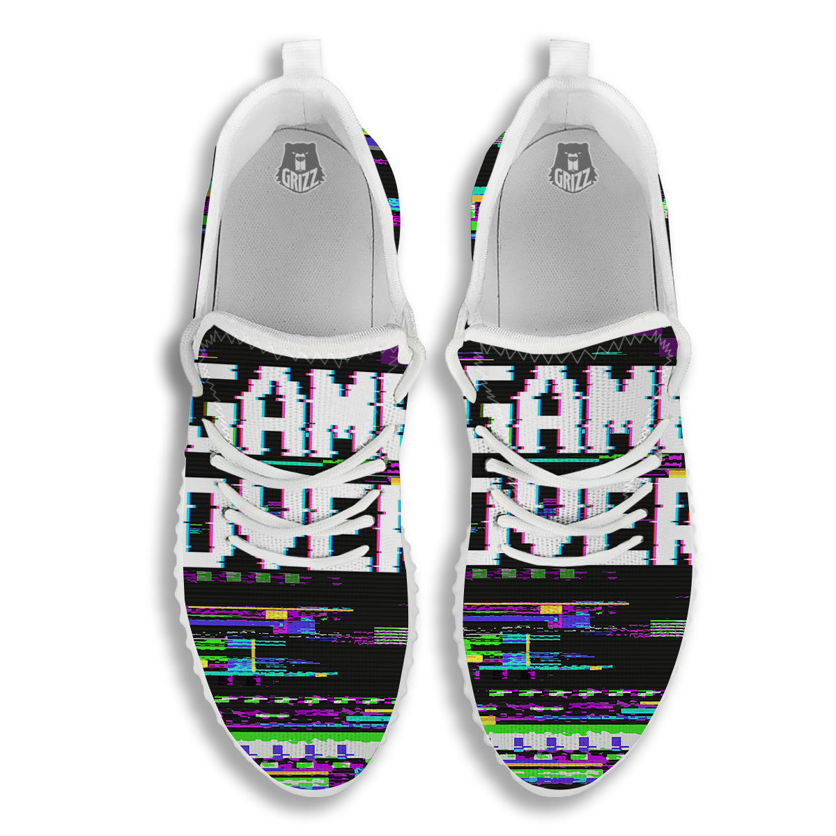 Game Over Text Glitch Effect Print White Walking Shoes-grizzshop