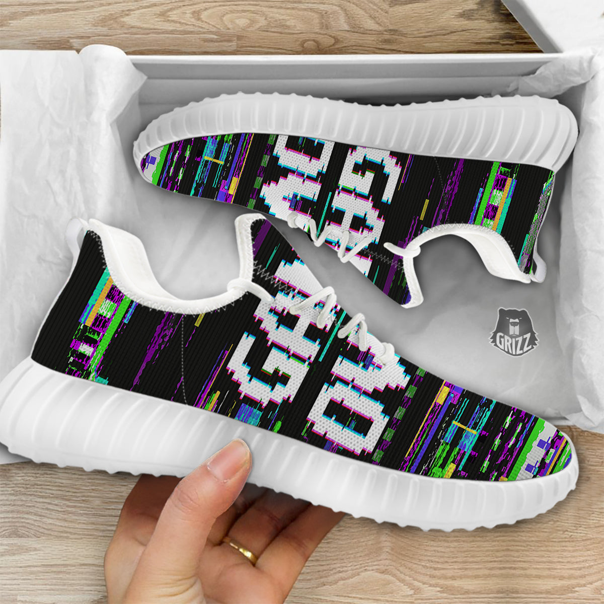Game Over Text Glitch Effect Print White Walking Shoes-grizzshop