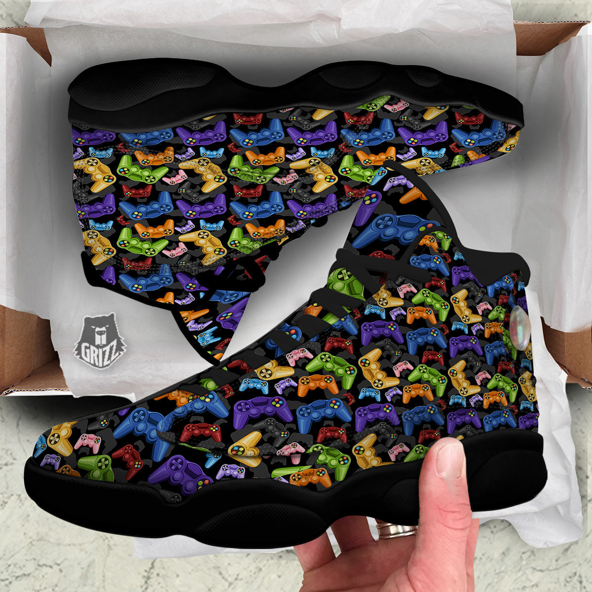 Game Pads Colorful Print Pattern Black Basketball Shoes-grizzshop
