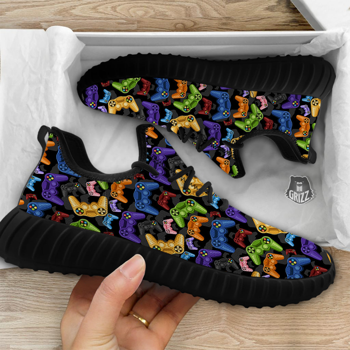 Game Pads Colorful Print Pattern Black Walking Shoes-grizzshop