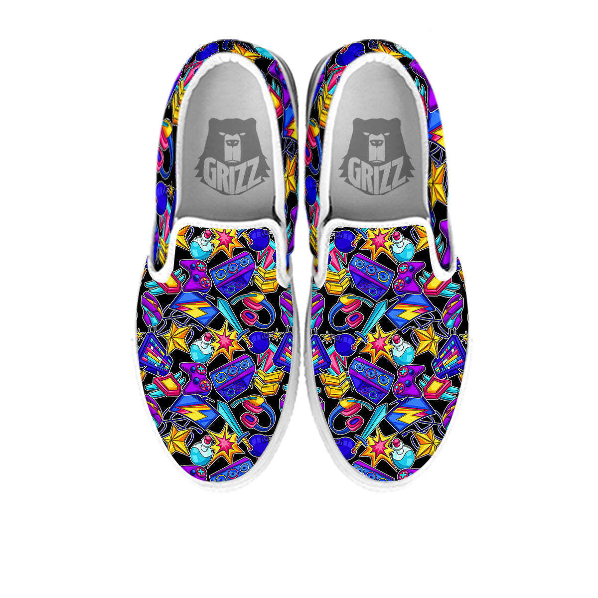 Gaming Items Colorful Print Pattern White Slip On Shoes-grizzshop