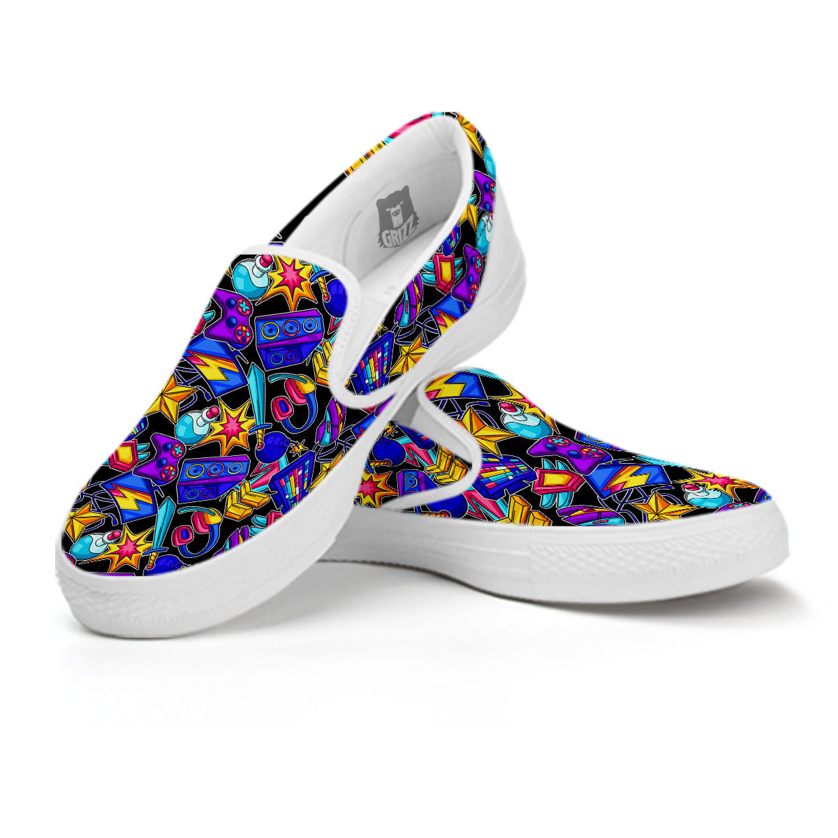 Gaming Items Colorful Print Pattern White Slip On Shoes-grizzshop