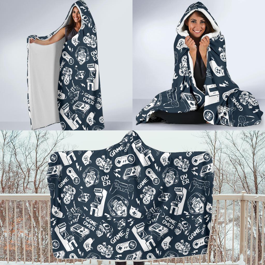 Gaming Pattern Print Hooded Blanket-grizzshop