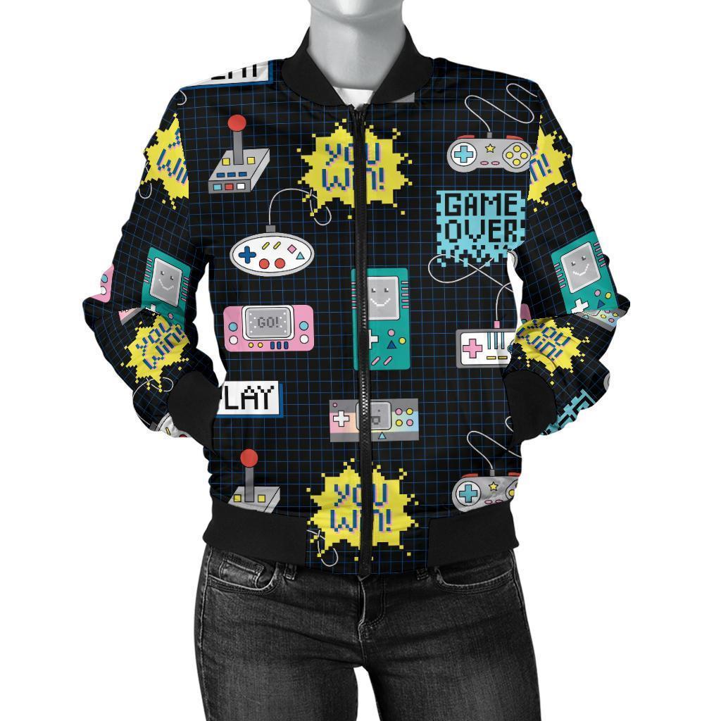 Gaming Print Pattern Women Casual Bomber Jacket-grizzshop