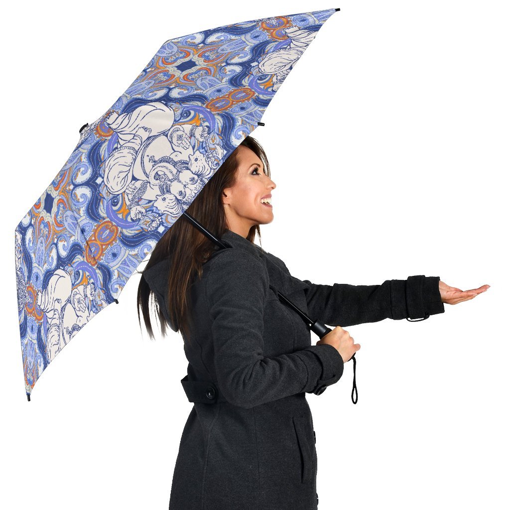 Ganesha Blue Print Pattern Automatic Foldable Umbrella-grizzshop