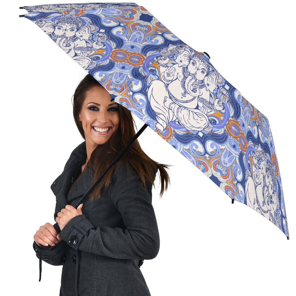 Ganesha Blue Print Pattern Automatic Foldable Umbrella-grizzshop