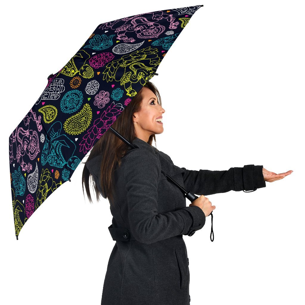 Ganesha Pattern Print Automatic Foldable Umbrella-grizzshop