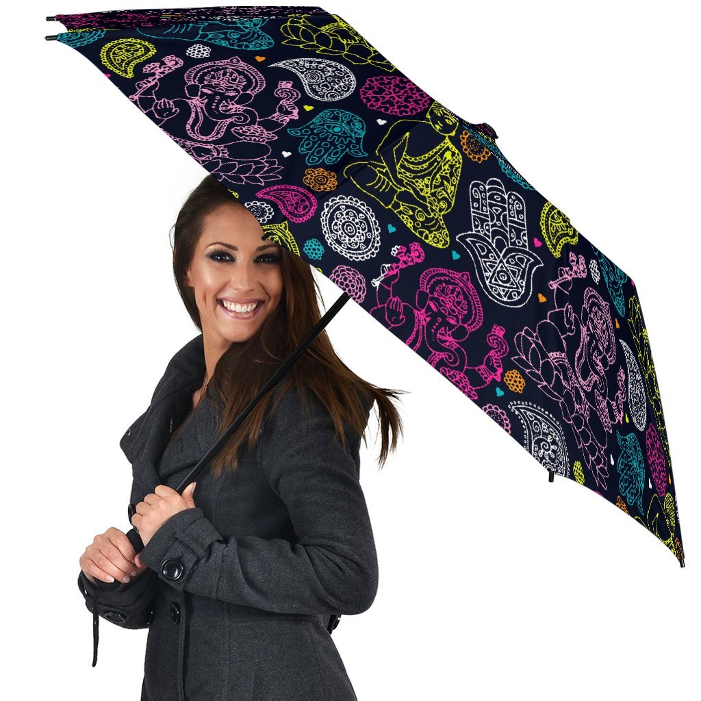 Ganesha Pattern Print Automatic Foldable Umbrella-grizzshop