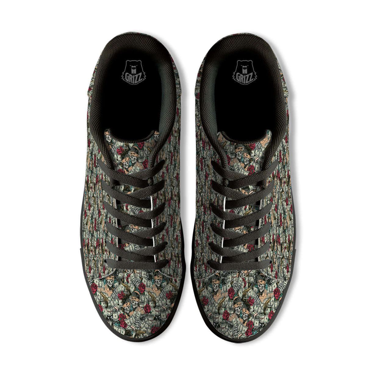Gang Gun And Money Vintage Print Pattern Black Low Top Sneakers-grizzshop