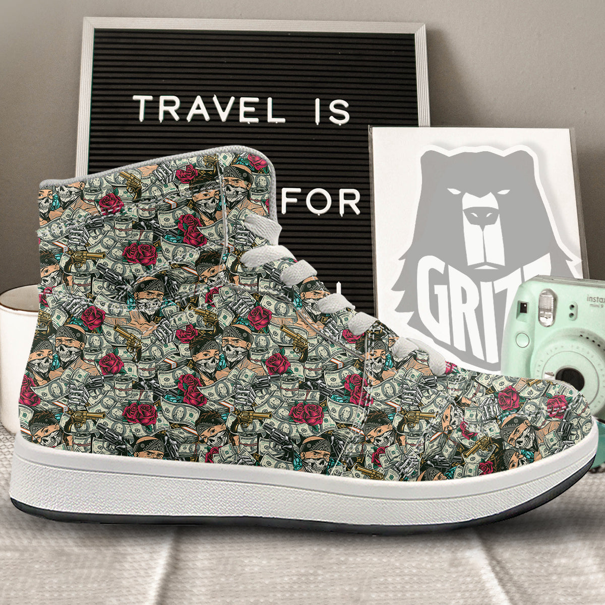 Gang Gun And Money Vintage Print Pattern High Top Sneakers-grizzshop