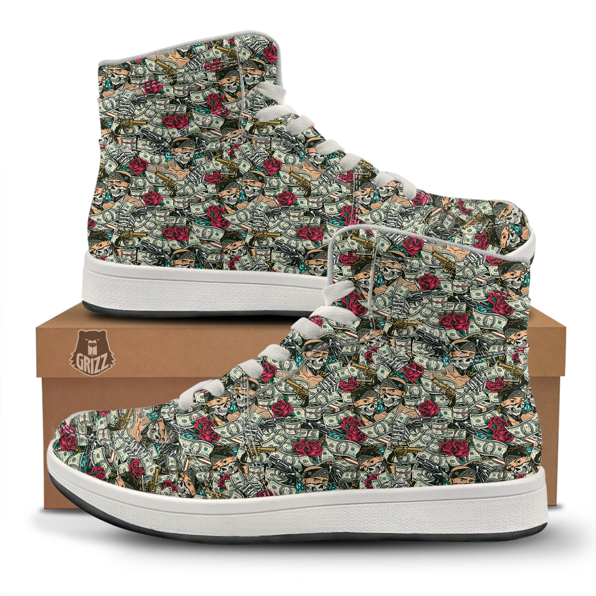 Gang Gun And Money Vintage Print Pattern High Top Sneakers-grizzshop
