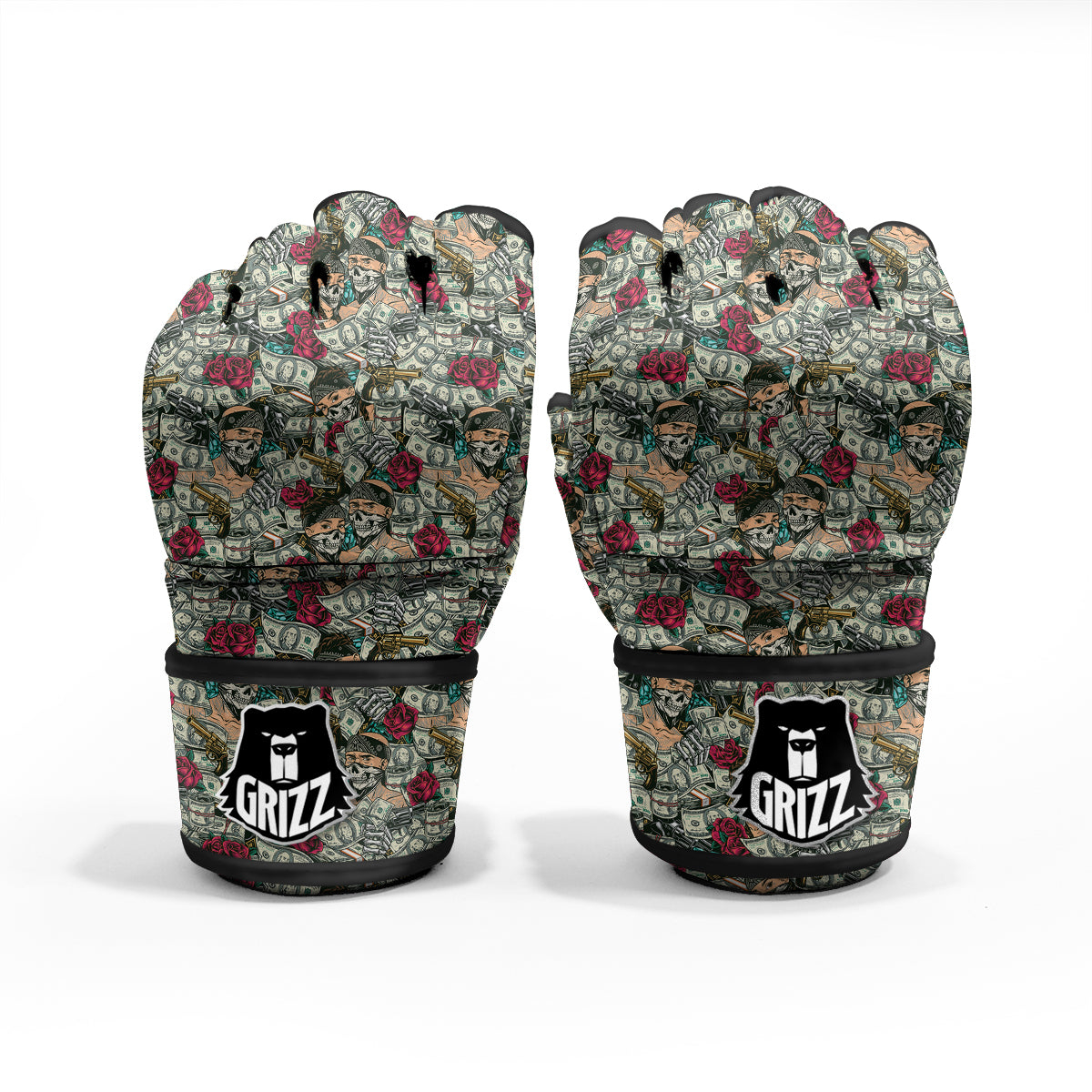 Gang Gun And Money Vintage Print Pattern MMA Gloves-grizzshop