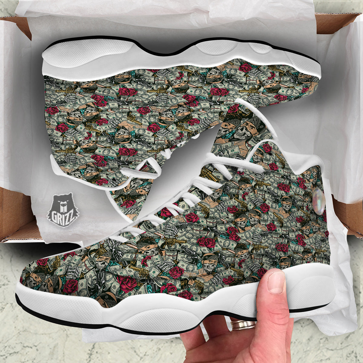 Gang Gun And Money Vintage Print Pattern White Basketball Shoes-grizzshop