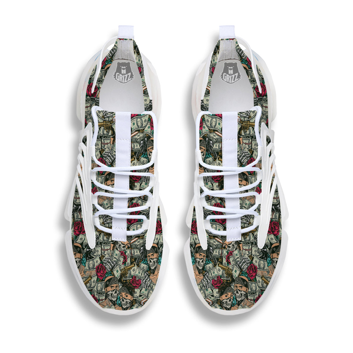 Gang Gun And Money Vintage Print Pattern White Gym Shoes-grizzshop