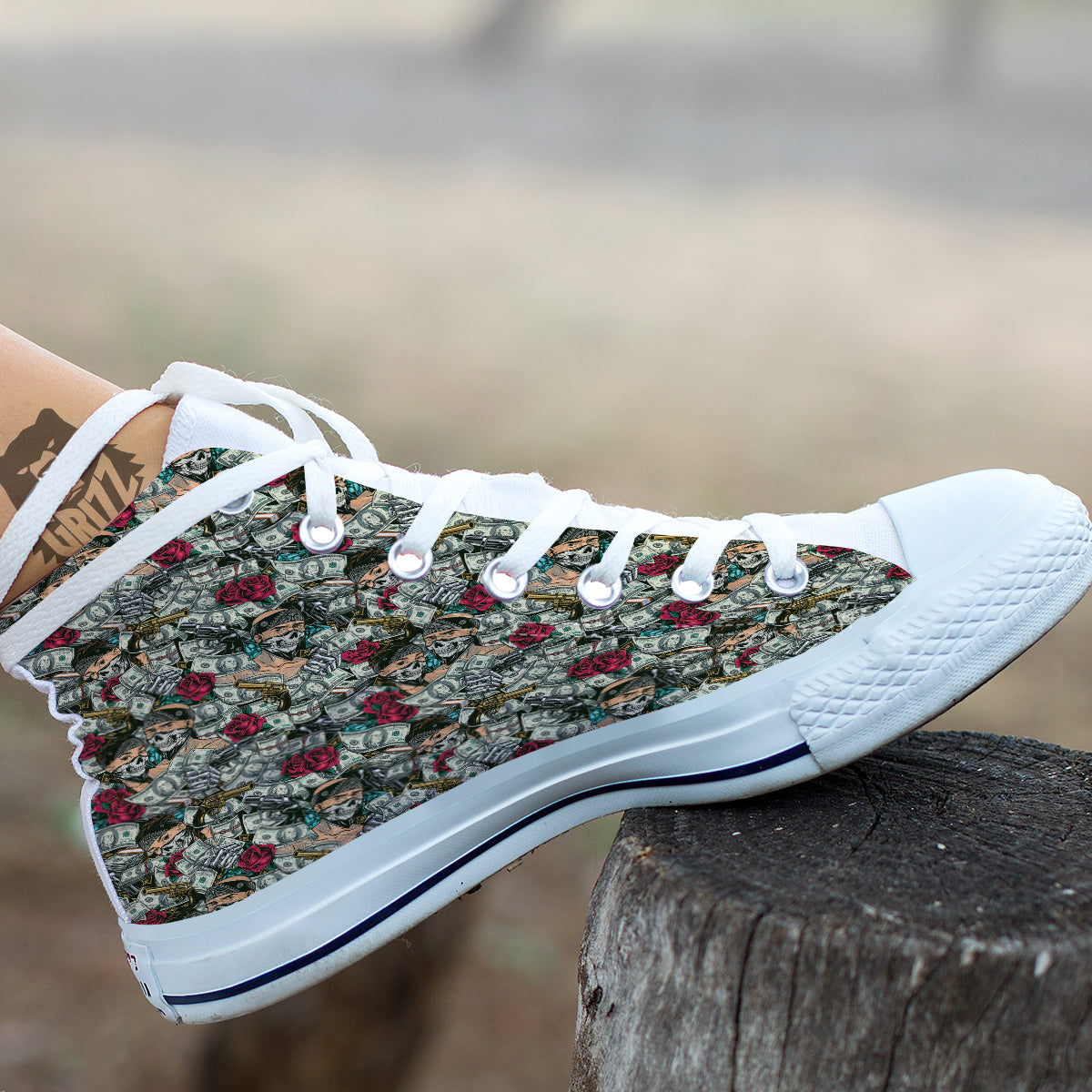 Gang Gun And Money Vintage Print Pattern White High Top Shoes-grizzshop