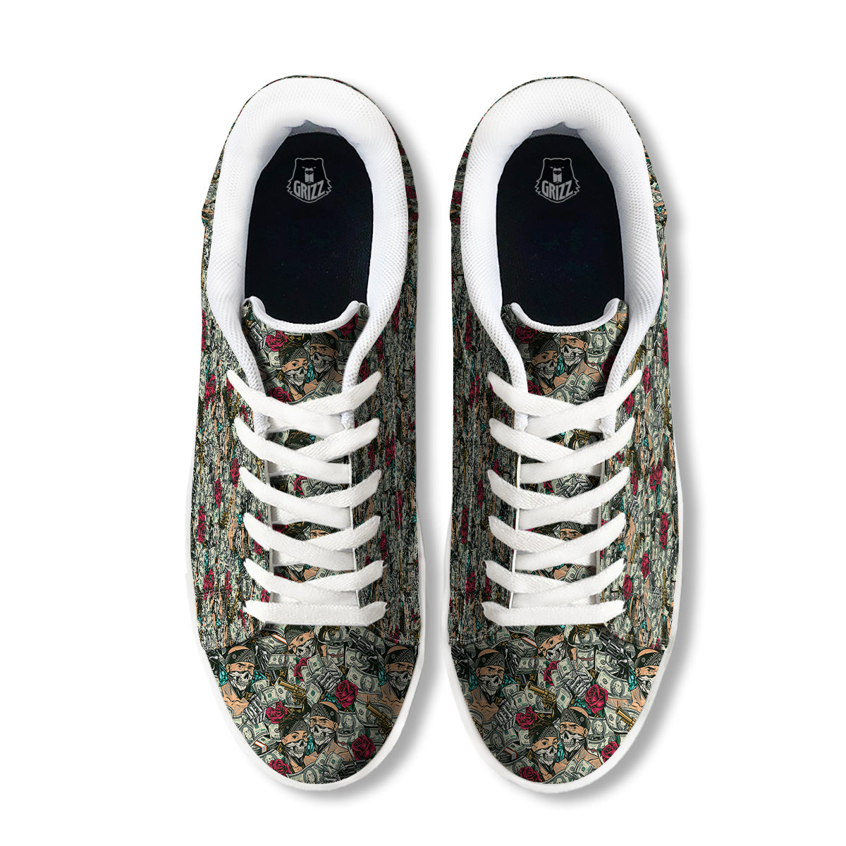 Gang Gun And Money Vintage Print Pattern White Low Top Sneakers-grizzshop