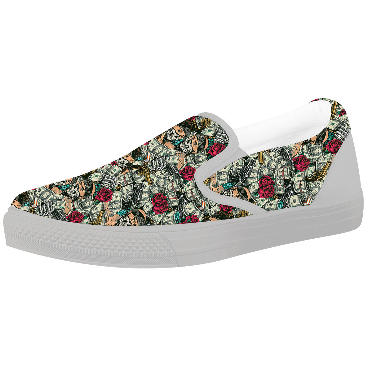 Gang Gun And Money Vintage Print Pattern White Slip On Shoes-grizzshop