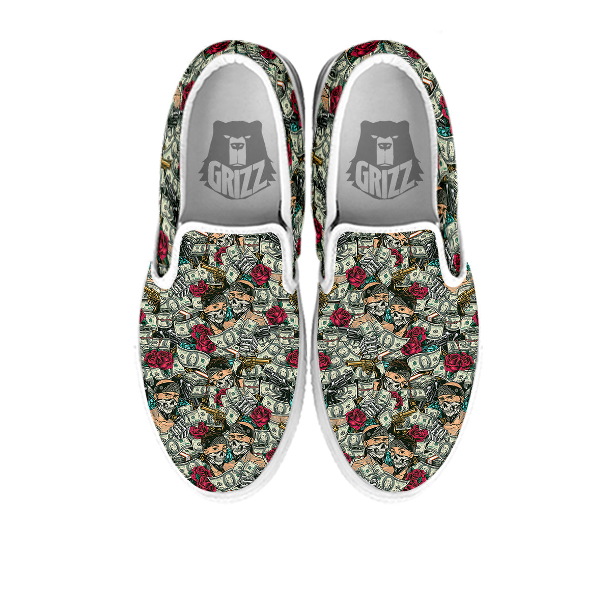 Gang Gun And Money Vintage Print Pattern White Slip On Shoes-grizzshop