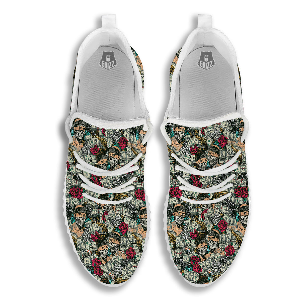 Gang Gun And Money Vintage Print Pattern White Walking Shoes-grizzshop