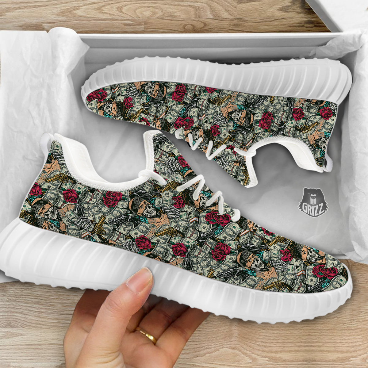 Gang Gun And Money Vintage Print Pattern White Walking Shoes-grizzshop