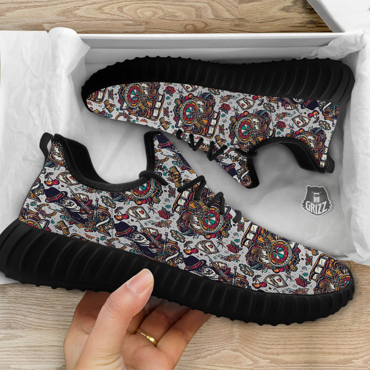 Gangsters And Criminal Tattoo Print Pattern Black Walking Shoes-grizzshop