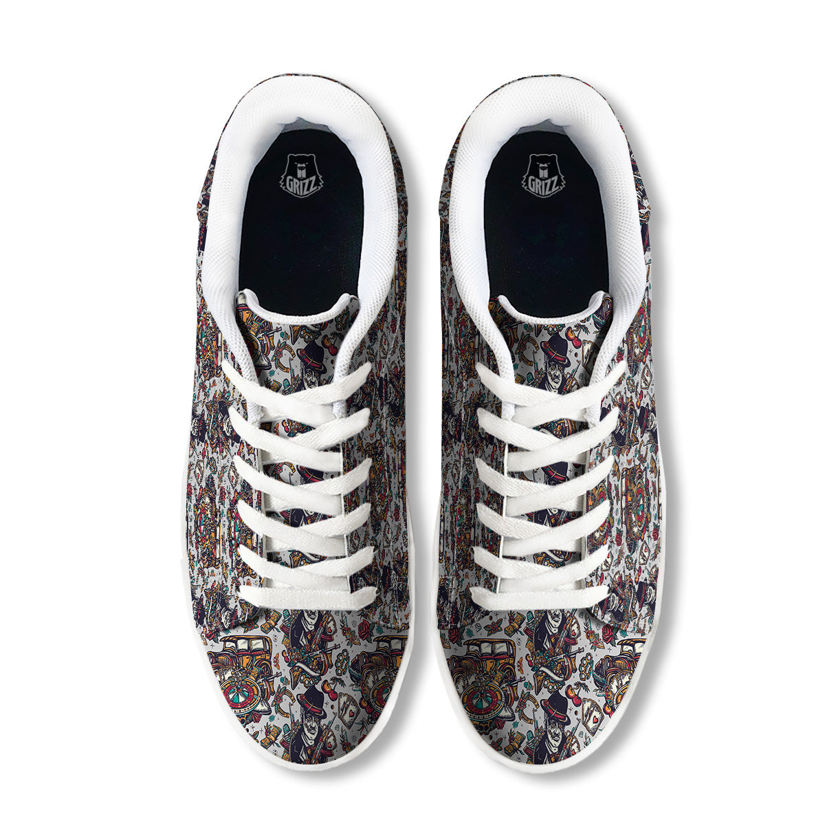 Gangsters And Criminal Tattoo Print Pattern White Low Top Sneakers-grizzshop