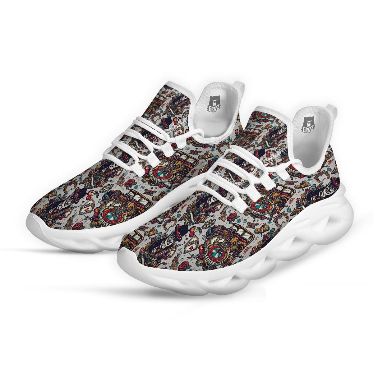 Gangsters And Criminal Tattoo Print Pattern White Running Shoes-grizzshop
