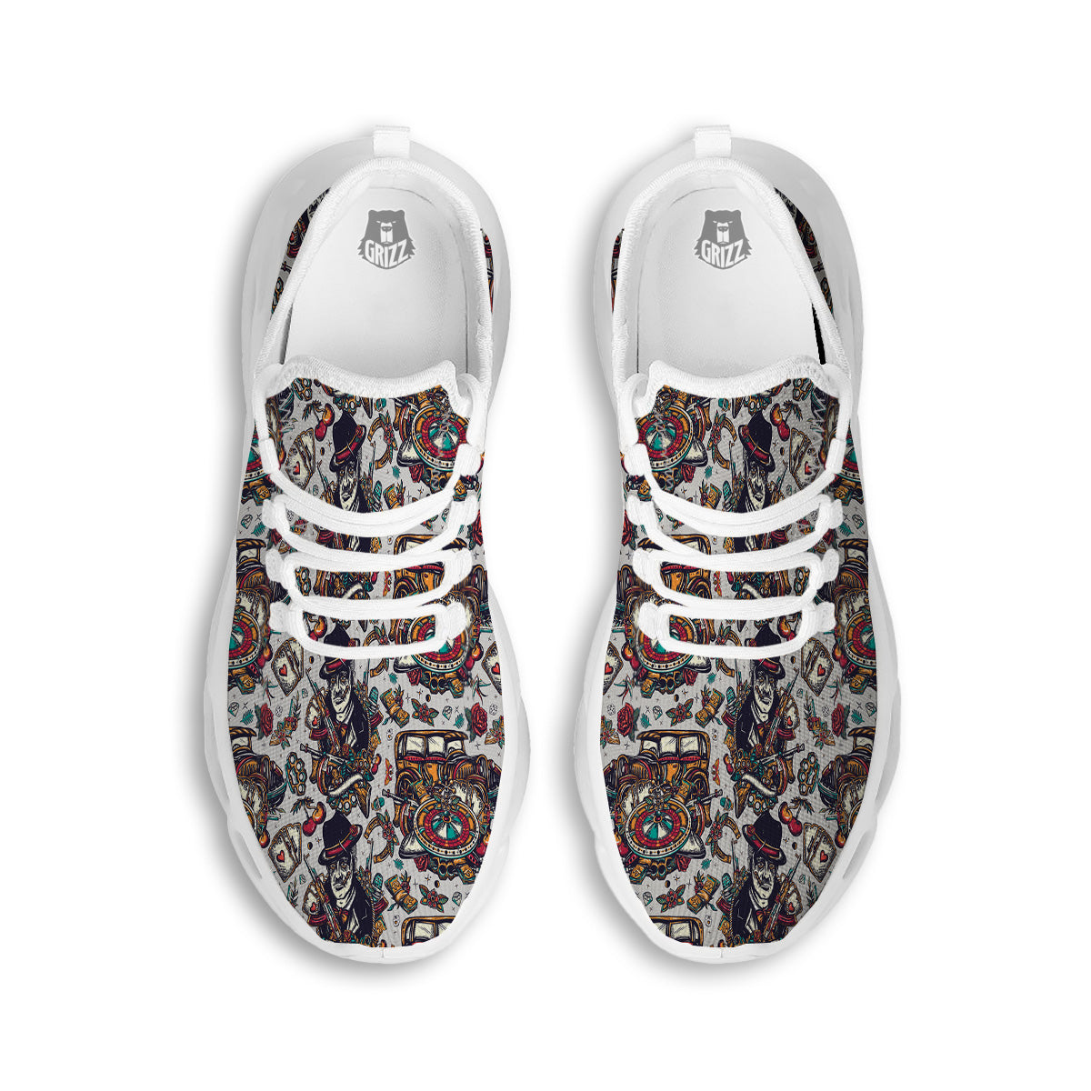 Gangsters And Criminal Tattoo Print Pattern White Running Shoes-grizzshop