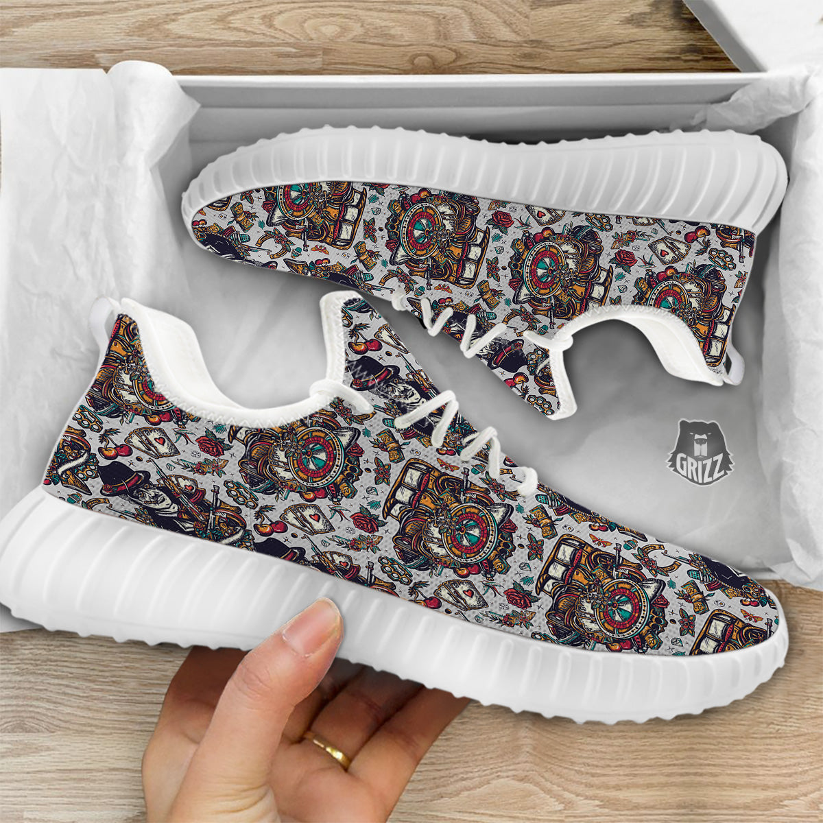 Gangsters And Criminal Tattoo Print Pattern White Walking Shoes-grizzshop