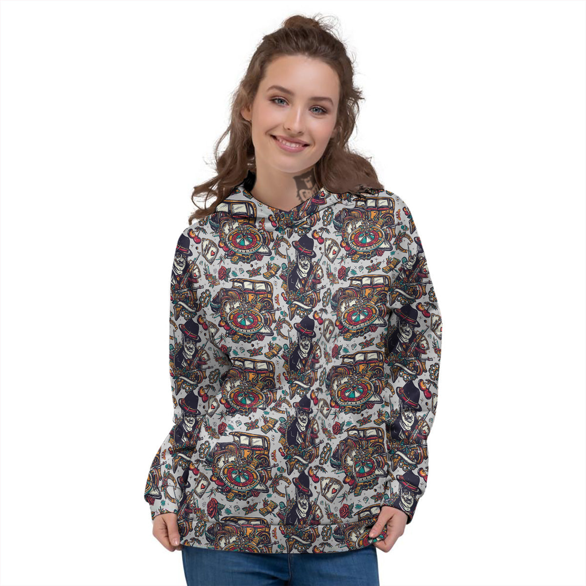Gangsters And Criminal Tattoo Print Pattern Women's Hoodie-grizzshop