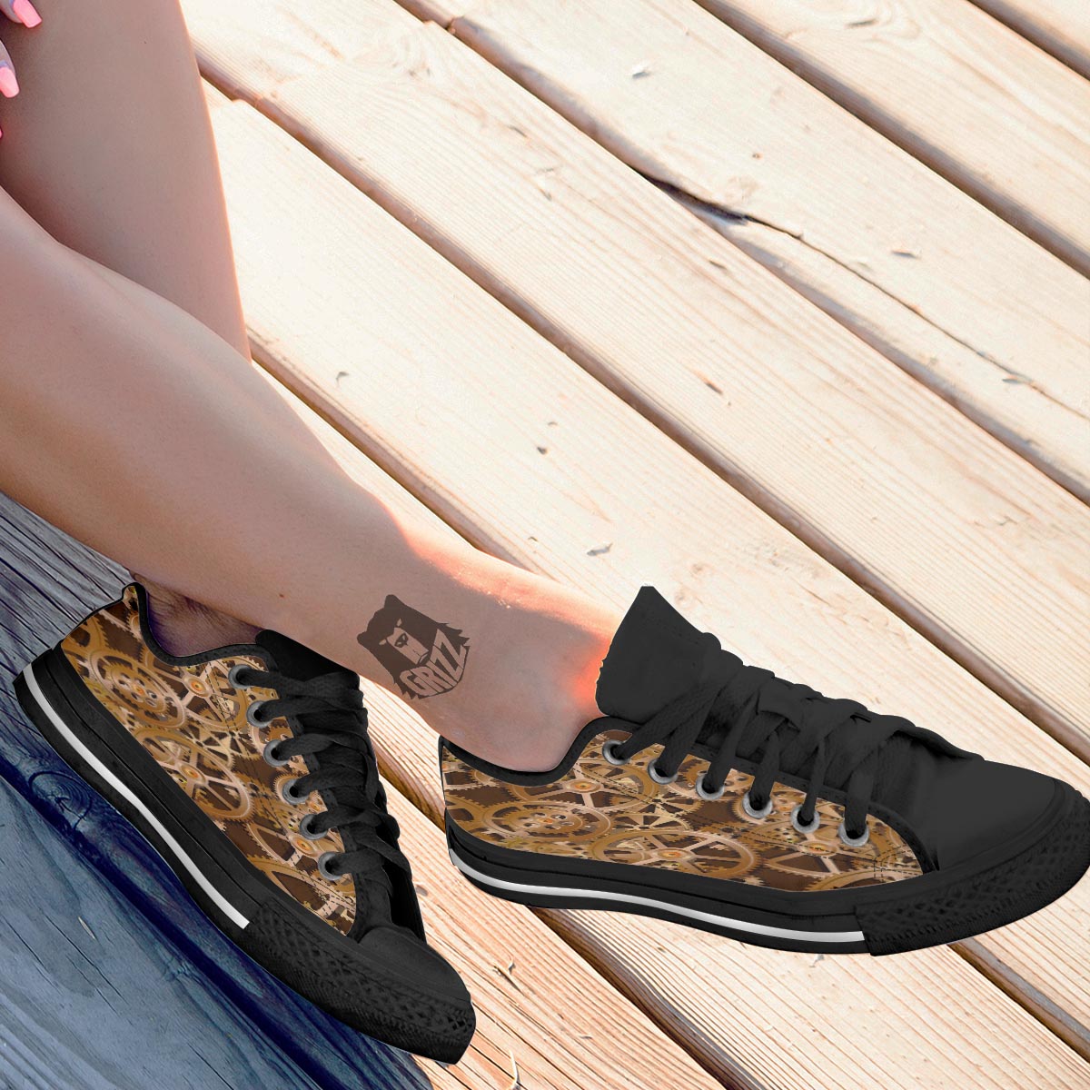 Gears And Steampunk Cogs Print Black Low Top Shoes-grizzshop